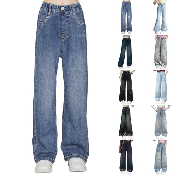 MKOSPLRT Straight Leg Jeans for Girl 5-15Y Elastic Waist Vintage Washed Denim Pants Retro Baggy Wide Leg Vaqueros with Pocket