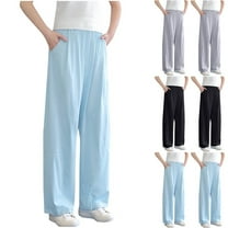 MKOSPLRT Straight Leg Pants for Girls 4-15Y Elastic High Waist Ice Silk Wide Leg Pants Solid Baggy Summer Pants with Pocket