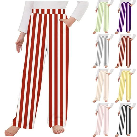MKOSPLRT Stried Pants for Girl 4-14Y High Waist Baggy Straight Wide Leg Pants Casual Color Block Loungewear Pants with Pocket