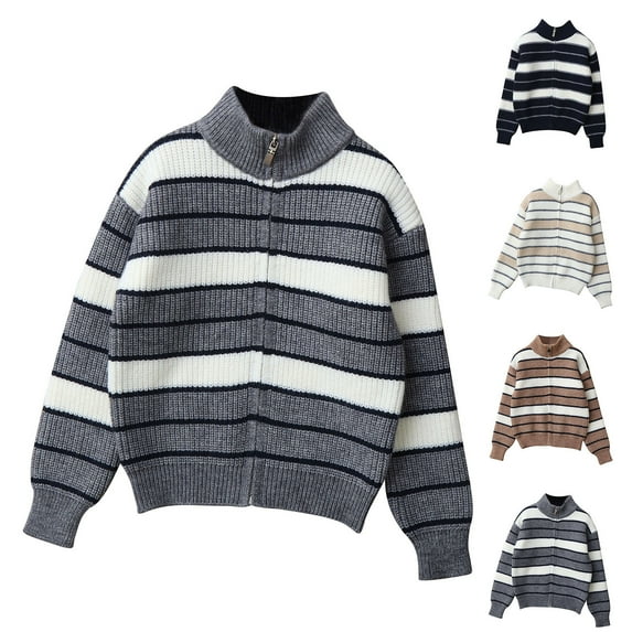 MKOSPLRT Striped Cardigans for Girl Boy 5-14Y Full Zip Stand Collar Knit Sweaters Color Block Casual Loose Jackets Kids Cardigan Sweaters