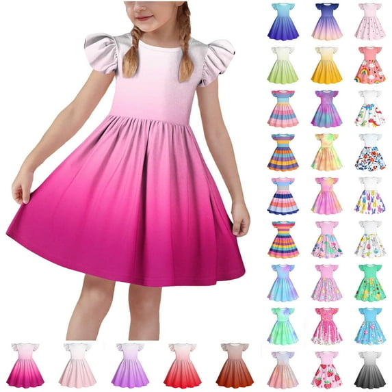 MKOSPLRT Striped Dresses for Girl 3-14 Years Fly Sleeve Crew Neck A Line Dress Casual Color Block Midi Dress Funny Holiday Twirly Skater Dress