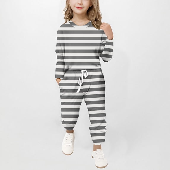 MKOSPLRT Striped Sets for Kid Girls 5-13 Years Long Sleeve Lounge Tops Waist Jogger Pants Soft Comfy Sweatsuits with Pocket