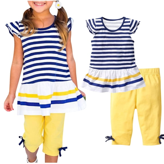 MKOSPLRT 2 Piece Sets for Little Girl Summer Striped Babydoll Peplum Lounge Sets Flying Sleeve Crew Neck Shirts Solid Capris 1-10Y