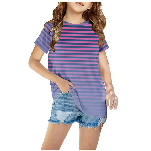 MKOSPLRT Striped Shirts for Kid Short Sleeve Gradient Tops Crew Neck Color Block T Shirts Cute Summer Blouses Funny Tees for Boy Girl