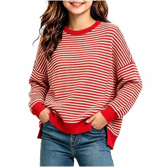 MKOSPLRT Striped Sweatshirts for Big Girls Crew Neck Side Split Hem Knit Sweater Tops Long Sleeve Oversized Pullover 5-15 Years