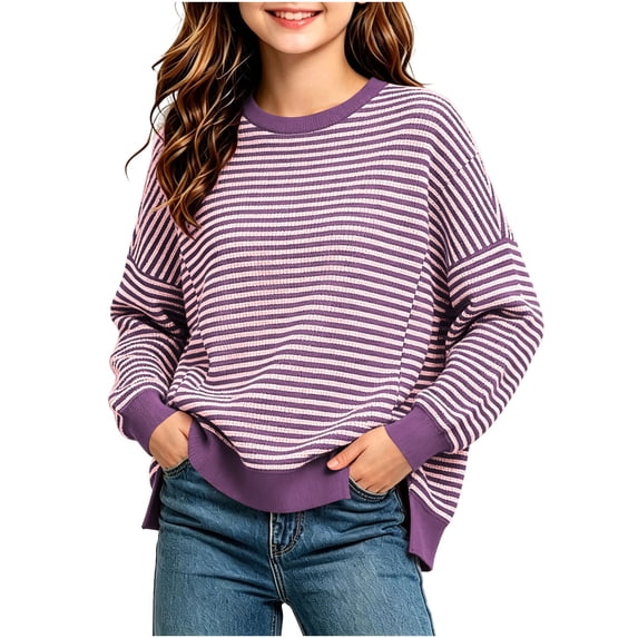MKOSPLRT Striped Sweatshirts for Big Girls Crew Neck Side Split Hem Knit Sweater Tops Long Sleeve Oversized Pullover 5-15 Years