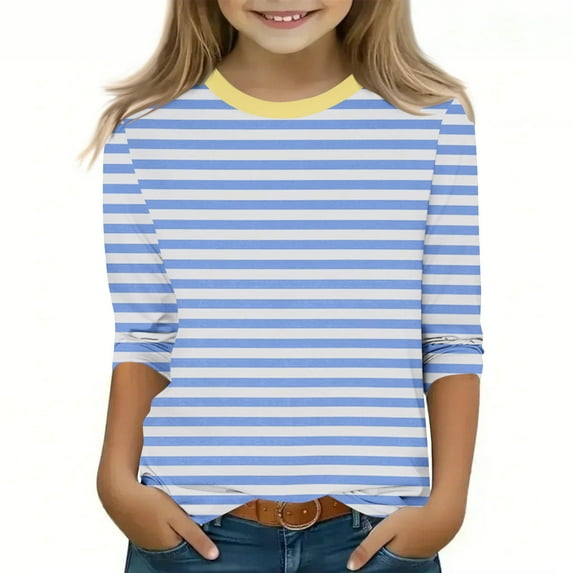 MKOSPLRT Striped T Shirts for Girl 3/4 Sleeve Casual Tops Round Neck Color Block Shirts Comfortable Going Out Tees Clearance Deal