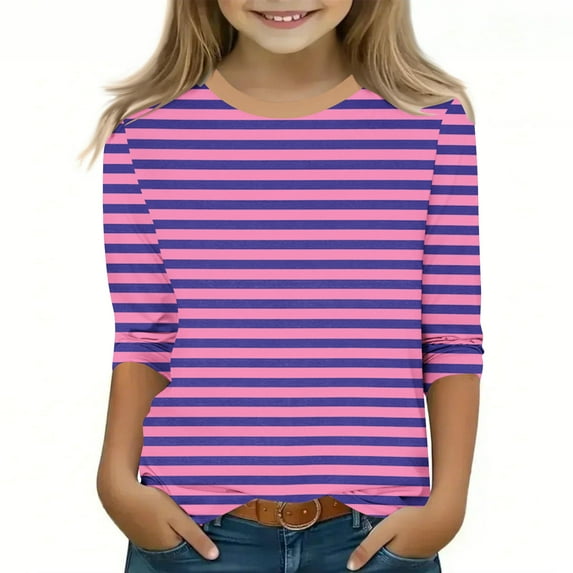 MKOSPLRT Striped T Shirts for Girl 3/4 Sleeve Casual Tops Round Neck Color Block Shirts Comfortable Going Out Tees Kids Clothes