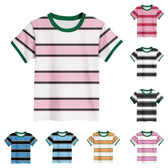 MKOSPLRT Striped T Shirts for Kids 3-15 Years Short Sleeve Color Block Tops Crew Neck Funny Tees Casual Loose T-Shirts for Boy Girl