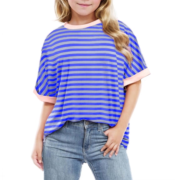 MKOSPLRT Striped Tops for Baby Girls Short Sleeve Striped Shirts Round Neck Color Block Blouses Lightweight Going Out Tees Girls Tops