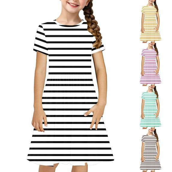 MKOSPLRT Striped Twirly Skater Dress for Girl 4-14 Years Short Sleeve Crew Neck Swing A Line Dress Summer Swing Beach Dresses for Kids