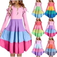thumbnail image 1 of MKOSPLRT Summer Dresses for Girl Long Sleeve Ruffle Dress Crew Neck Color Block Tiered Dress Casual Flowy Midi Dress for Easter Outfits Yellow 7-8 Years, 1 of 7