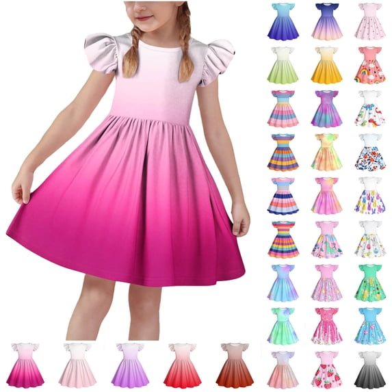 MKOSPLRT Summer Dresses for Girl 2025 Fly Sleeve Swing A Line Dress Crew Neck Gradient Twirly Skater Dress Casual Party Knee Length Dress