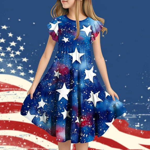 MKOSPLRT Summer Dresses for Girls 6-15 Years 4th of July Dress Flying Sleeve Crew Neck Swing Dress Funny Stars Graphic Tiered Dresses