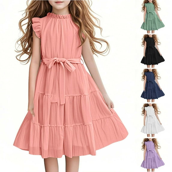 MKOSPLRT Summer Dresses for Kid Girls Fly Sleeve Linen Midi Dresses Mock Neck Ruffle Tiered Dresses Casual Beach Swing Tie Dresses