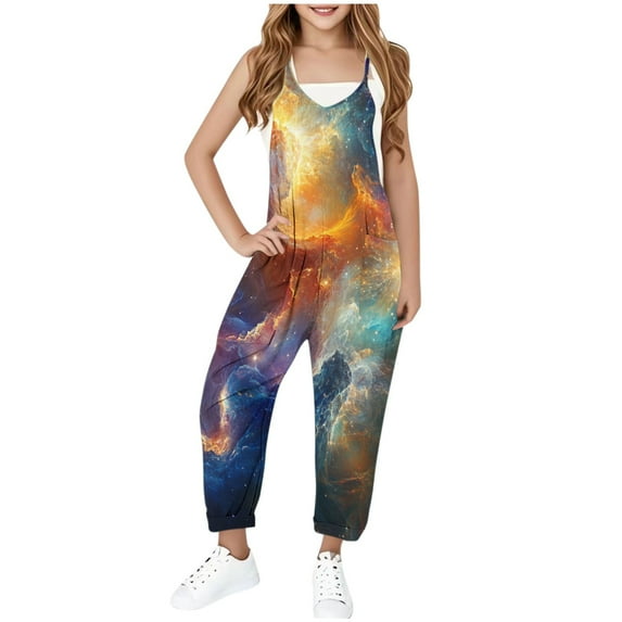 MKOSPLRT Summer Jumpsuits for Girl 2025 Funny Print Spaghetti Strap Jumpers V Neck Sleeveless Harem Long Overalls with Pocket for 5-14 Years