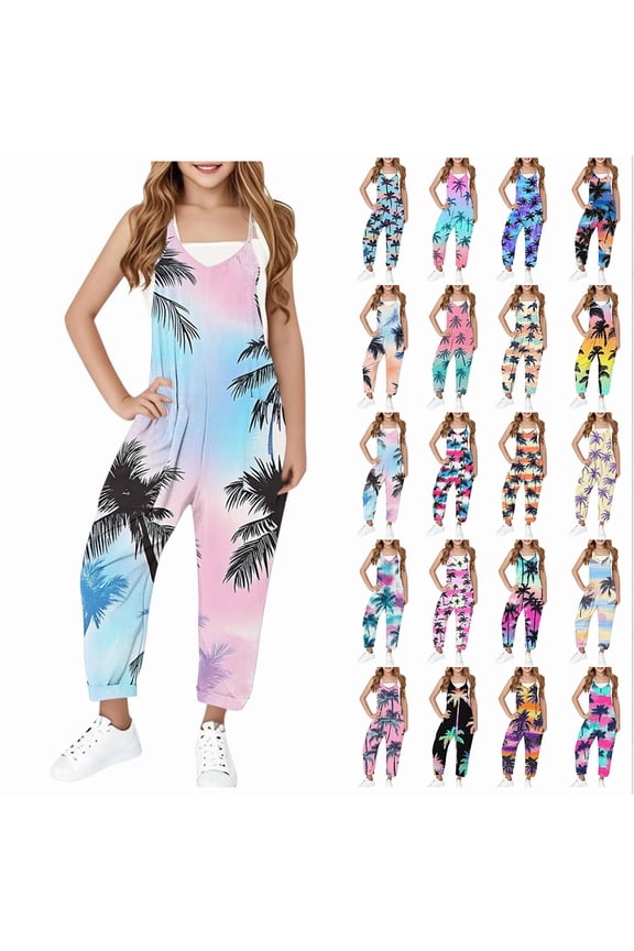 Summer Jumpsuits for Girls Adjustable Spaghetti Strap Harem Long Overalls Funny Beach Graphic Jumpers Sleeveless Rompers with Pocket