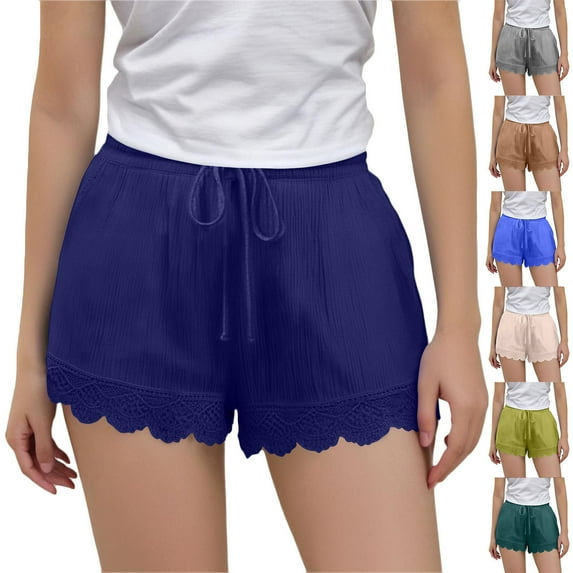 MKOSPLRT Summer Shorts for Girl 4-14 Years Elastic Waist Linen Shorts Solid Color Lace Trim Lounge Shorts for Beach