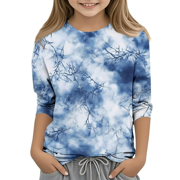 MKOSPLRT Summer Tops for Girl 3/4 Sleeve Vintage Shirts Crew Neck Print T Shirts Funny Graphic Tees Comfy Going Out T Shirts for 3-12 Years