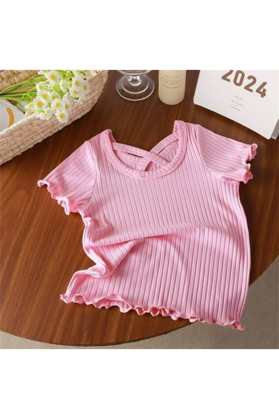 Summer Tops for Girl Cross Neck Ribbbed Knit Shirts Short Sleeve Lettuce Trim T Shirts Basic Solid Color Blouses Soft Tees