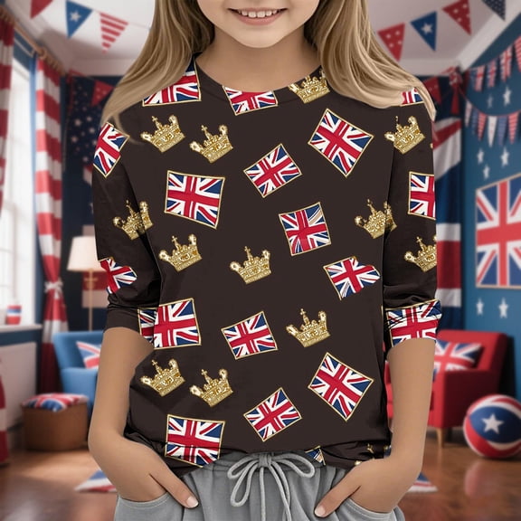 MKOSPLRT Summer Tops for Kid British Flag Shirts 3/4 Sleeve Crew Neck Casual Tops Funny Graphic Tees Patriotic Loose Fit Shirts 3-12Y