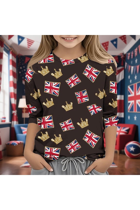 Summer Tops for Kid British Flag Shirts 3/4 Sleeve Crew Neck Casual Tops Funny Graphic Tees Patriotic Loose Fit Shirts 3-12Y