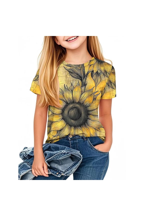 Sunflower Shirts for Little Girl 3-14 Years Crew Neck Bee Graphic Tees Short Sleeve Vintage Tshirts Casual Holiday Blouses