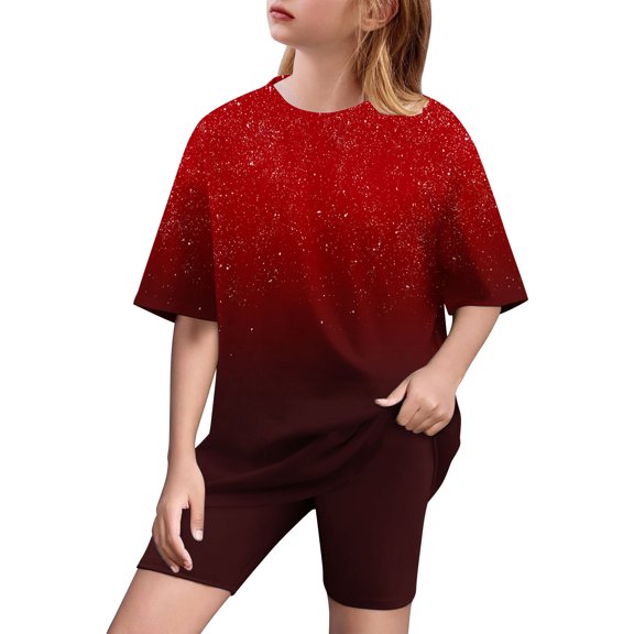 MKOSPLRT Sweatsuits Kids 2 Piece Outfit Oversized Short Sleeve Tshirts Stretchy Biker Shorts Cute Gradient Sports Outfits Summer Tacksuits