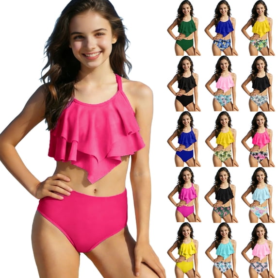 MKOSPLRT Teens Girls Summer Swimsuit Hawaiian Beach Print Padded Adjustable Strap Tankini Shorts Set Girls Ruffled Beach Bathing Suit 7-14Y