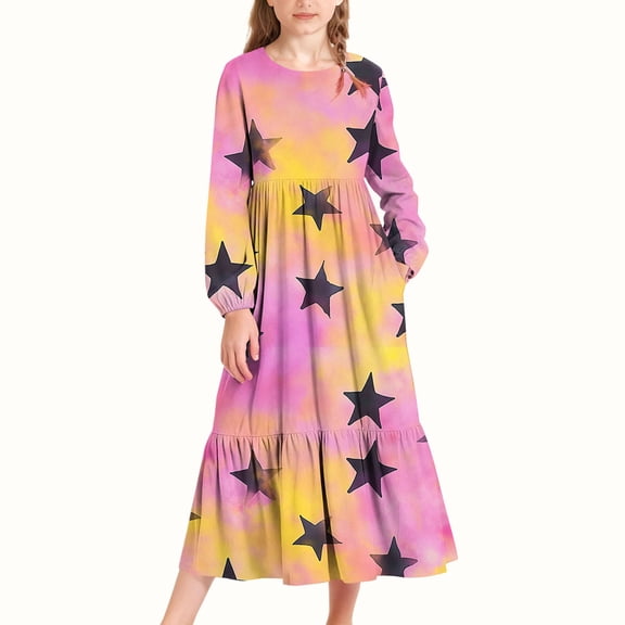 MKOSPLRT Tie Dye Dress for Girl 4-15Y Kids Long Sleeve Maxi Dress Crew Neck Stars Print Ruffle Tiered Dress Y2K Casual Dress with Pocket