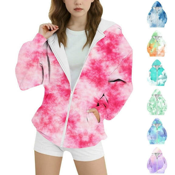 MKOSPLRT Tie Dye Hoodies for Girl 4-15Y Full Zip Oversized Hoodies Long Sleeve Casual Loose Sweatshirts Fall Fleece Hoodies with Pocket