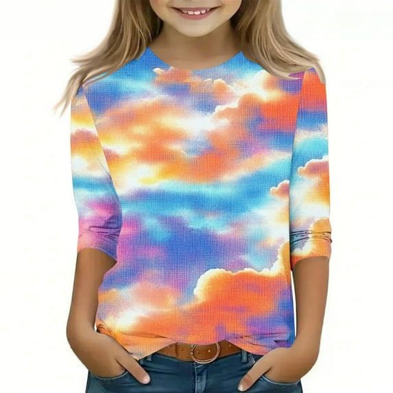 MKOSPLRT Tie Dye Tops for Girl Boy Toddler 3/4 Sleeve Shirts Round Neck Casual T Shirts Funny Holiday Blouses Soft Spring Tees 3-11Y