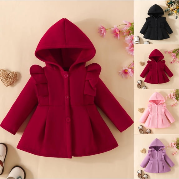 MKOSPLRT Toddler Baby Girl Clothes 3-14M Jacket Coat Long Sleeve Ruffle Solid Buttons Hooded Trench Coat Dress Jacket Fall Winter Outfit