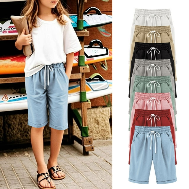 MKOSPLRT Toddler Girl Bermuda Shorts Elastic Waist Drawstring Wide Leg Shorts Solid Color Baggy Knee Length Shorts Casual Shorts with Pocket
