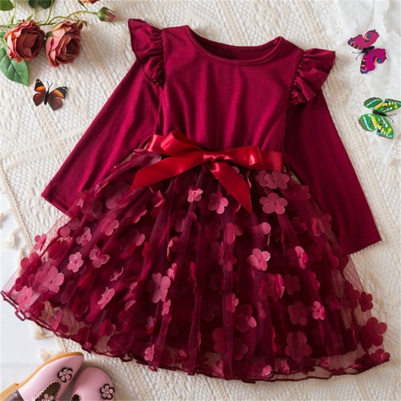 MKOSPLRT Toddler Girl Flower Dress for 1-6Y Long Sleeve Ruffle Bow Ball Gowns 3D Floral Wedding Party Dress Solid Mesh Evening Dresses