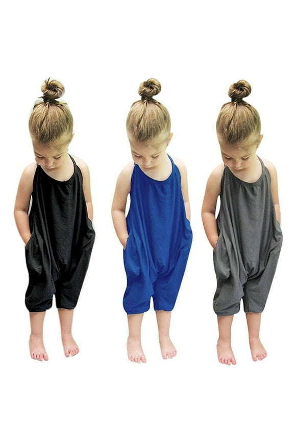Toddler Girl Jumpsuits with Pockets Crew Neck Spaghetti Strap Lounge Romper Harem Capris Solid Loose Fit Jumpers Overalls