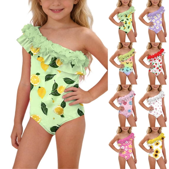 MKOSPLRT Toddler Girls' Floral Print Flower Ruffle One-Shoulder One-Piece Swimsuit UPF 50+ Sun Protection Bathing Suits 12M-5Y