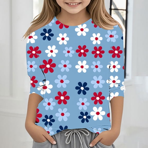 MKOSPLRT Toddler Kids 4th of July Shirts 3-12 Years 3/4 Sleeve Floral Shirts Crew Neck Independence Day Tshirts Cute Flower Tee Shirts