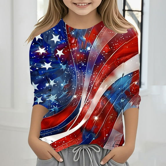 MKOSPLRT Toddler Kids 4th of July Shirts 3-12 Years Crew Neck American Flag Shirts 3/4 Sleeve USA Star Stripes Fourth July Tee Shirts