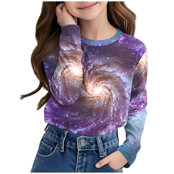 MKOSPLRT Trendy Tops for Girl Long Sleeve Crew Neck Casual Shirts Fashion 3D Sparkly Graphic T Shirts Casual Loose Spring Tees 3-14 Years
