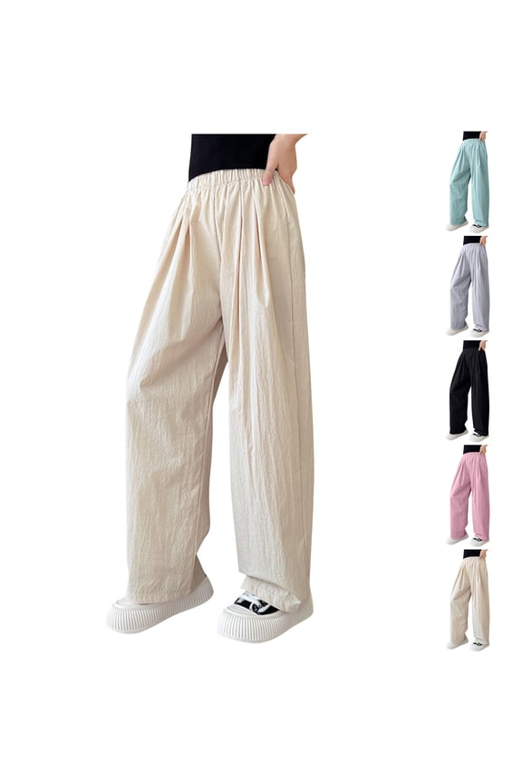 Trousers Pants for Kid Elastic High Waist Baggy Straight Wide Leg Pants Solid Lounge Ice Silk Pants with Pockets 4-14 Years