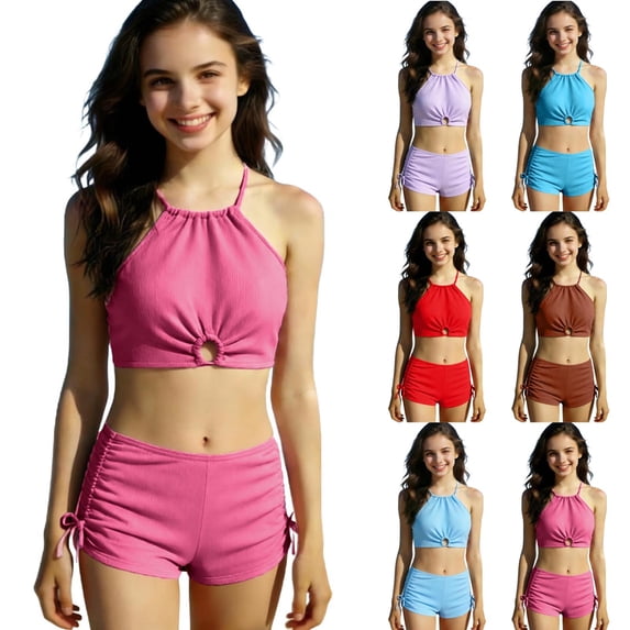 MKOSPLRT Tummy Control Swimsuits for Girl Cutout Bathing Suit Two Piece Swimsuits for Teen Girls Tankini Swimwear Set High Waisted 7-14 Years