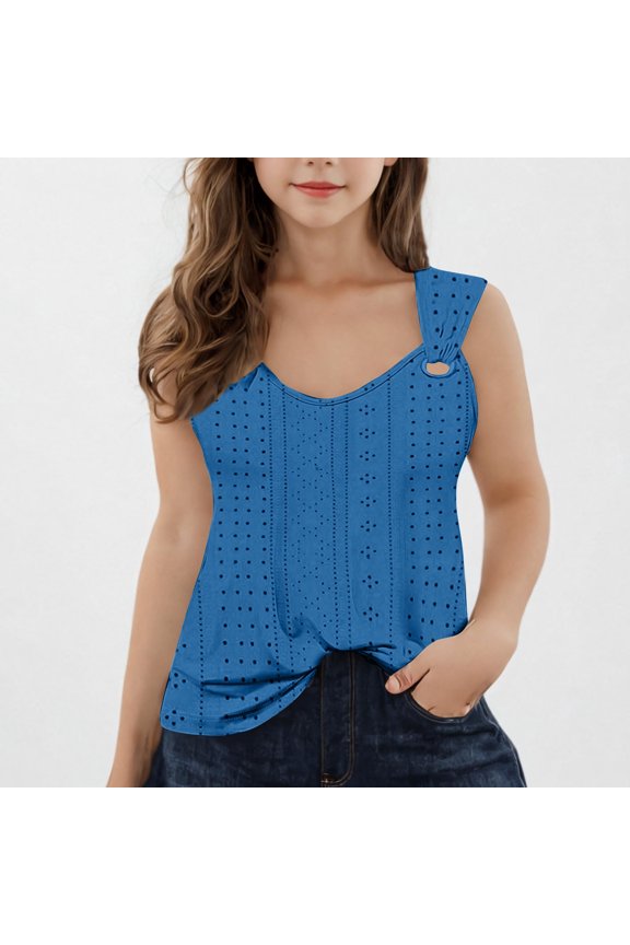 Tunic Tank Tops for Girl Sleeveless O Ring Strap Tanks Scoop Neck Eyelet Embroidery Camis Solid Flowy Camisoles for 5-13 Years