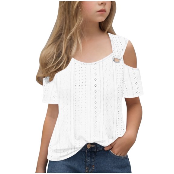 MKOSPLRT Tunic Tops for Girl Cold Shoulder Eyelet Embroidery Shirts Crewneck O Ring Strap T Shirts Solid Color Lounge Blouses Summer Tees