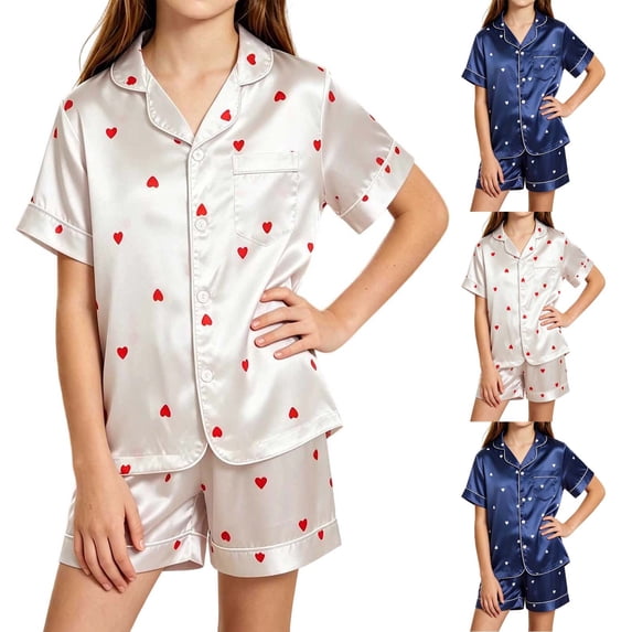 MKOSPLRT 5-16Y Satin Heart Pattern PJs Short Sleeve Button Down Lapel Shirt Matching Shorts 2PC Set Lightweight Comfortable Nightwear