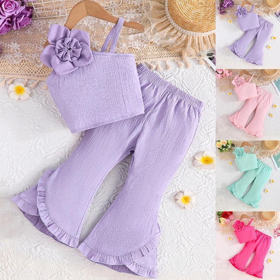 MKOSPLRT Two Piece Sets for Kids Summer Flower Spaghetti Strap Camisole Ruffle Flare Pants Solid Lightweight Wedding Party Outfit