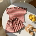 thumbnail image 1 of MKOSPLRT Two Piece Sets for Toddler Girl Summer 12M-10 Years Cute Striped Outfits Short Sleeve Tops Elastic Waist Wide Leg Shorts Loungewear, 1 of 7