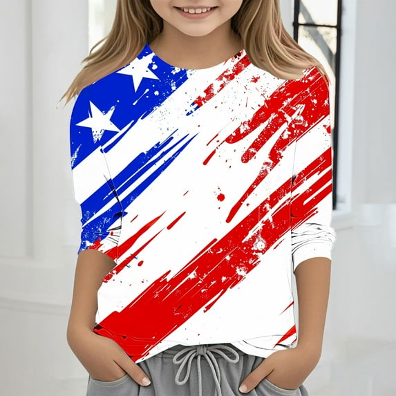 MKOSPLRT USA Flag Tee Shirt for Kid 3-12 Years Crew Neck 3/4 Sleeve Independence Day Shirts Funny Red White and Blue Tshirts for Girl Boy