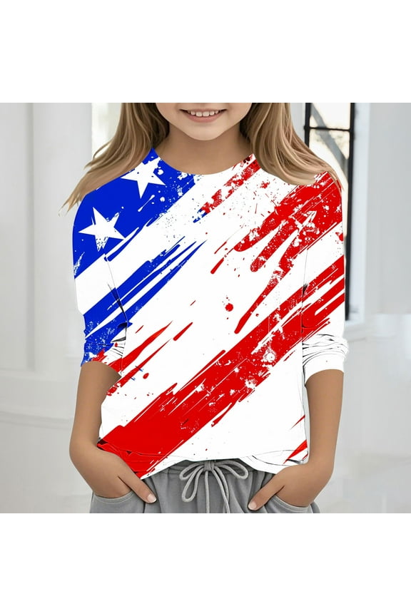 USA Flag Tee Shirt for Kid 3-12 Years Crew Neck 3/4 Sleeve Independence Day Shirts Funny Red White and Blue Tshirts for Girl Boy