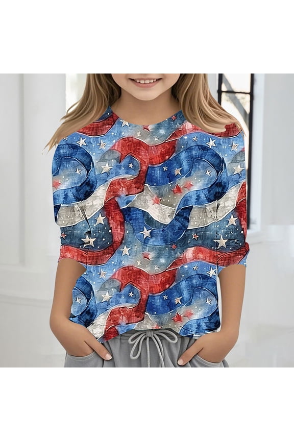USA Flag Tee Shirt for Kid 3-12 Years Crew Neck 3/4 Sleeve Red White and Blue Tshirts Funny Stars Striped Graphic T Shirts
